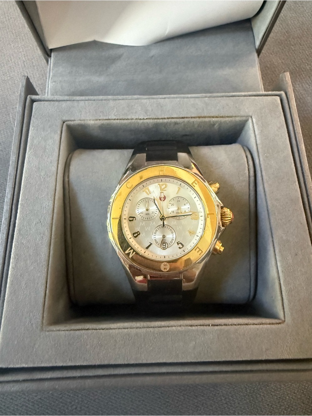 Michele Tahitian Chronograph Watch Black Rubber Strap Needs Battery